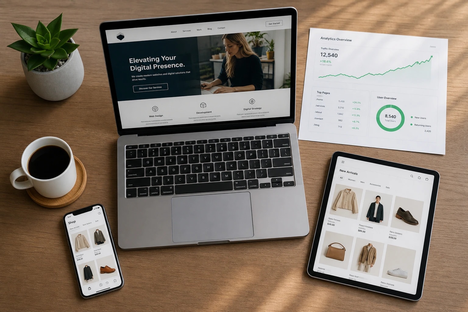 Web development workspace with laptop showing ecommerce website and mobile app mockups
